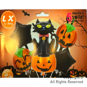 SET DE GLOBOS METALIZADO CALABAZAS CON GATO 5 UNIDADES 
